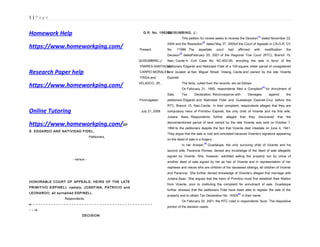 1 | P a g e
Homework Help
https://www.homeworkping.com/
Research Paper help
https://www.homeworkping.com/
Online Tutoring
https://www.homeworkping.com/SP
S. EDGARDO AND NATIVIDAD FIDEL,
Petitioners,
- versus -
HONORABLE COURT OF APPEALS, HEIRS OF THE LATE
PRIMITIVO ESPINELI, namely, JOSEFINA, PATRICIO and
LEONARDO, all surnamed ESPINELI,
Respondents.
G.R. No. 168263
Present:
QUISUMBING,J.
YNARES-SANTIAGO,
CARPIO MORALES
TINGA,and
VELASCO, JR.,
Promulgated:
July 21, 2008
x- - - - - - - - - - - - - - - - - - - - - - - - - - - - - - - - - - - - - - - - - - - - - - - -
- - -x
DECISION
QUISUMBING, J.:
This petition for review seeks to reverse the Decision
[1]
dated November 22,
2004 and the Resolution
[2]
dated May 27, 2005of the Court of Appeals in CA-G.R. CV
No. 71996. The appellate court had affirmed with modification the
Decision
[3]
datedFebruary 20, 2001 of the Regional Trial Court (RTC), Branch 15,
Naic, Cavite in Civil Case No. NC-652-95, annulling the sale in favor of the
petitioners Edgardo and Natividad Fidel of a 150-square meter parcel of unregistered
land located at San Miguel Street, Indang, Cavite and owned by the late Vicente
Espineli.
The facts, culled from the records, are as follows:
On February 21, 1995, respondents filed a Complaint
[4]
for Annulment of
Sale, Tax Declaration, Reconveyance with Damages against the
petitioners Edgardo and Natividad Fidel and Guadalupe Espineli-Cruz before the
RTC, Branch 15, Naic,Cavite. In their complaint, respondents alleged that they are
compulsory heirs of Primitivo Espineli, the only child of Vicente and his first wife,
Juliana Asas. Respondents further alleged that they discovered that the
abovementioned parcel of land owned by the late Vicente was sold on October 7,
1994 to the petitioners despite the fact that Vicente died intestate on June 4, 1941.
They argue that the sale is void and simulated because Vicente’s signature appearing
on the deed of sale is a forgery.
In her Answer,
[5]
Guadalupe, the only surviving child of Vicente and his
second wife, Pacencia Romea, denied any knowledge of the deed of sale allegedly
signed by Vicente. She, however, admitted selling the property but by virtue of
another deed of sale signed by her as heir of Vicente and in representation of her
nephews and nieces who are children of her deceased siblings, all children of Vicente
and Pacencia. She further denied knowledge of Vicente’s alleged first marriage with
Juliana Asas. She argues that the heirs of Primitivo must first establish their filiation
from Vicente, prior to instituting the complaint for annulment of sale. Guadalupe
further stresses that the petitioners Fidel have been able to register the sale of the
property and to obtain Tax Declaration No. 16304
[6]
in their name.
On February 20, 2001, the RTC ruled in respondents’ favor. The dispositive
portion of the decision reads:
 