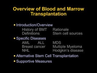 Introduction/Overview
Specific Diseases
Alternative Stem Cell Transplantation
Supportive Measures
Overview of Blood and Marrow
Transplantation
History of BMT
Definitions
AML ALL
Breast cancer
NHL
Rationale
Stem cell sources
MDS
Multiple Myeloma
Hodgkin’s disease
 