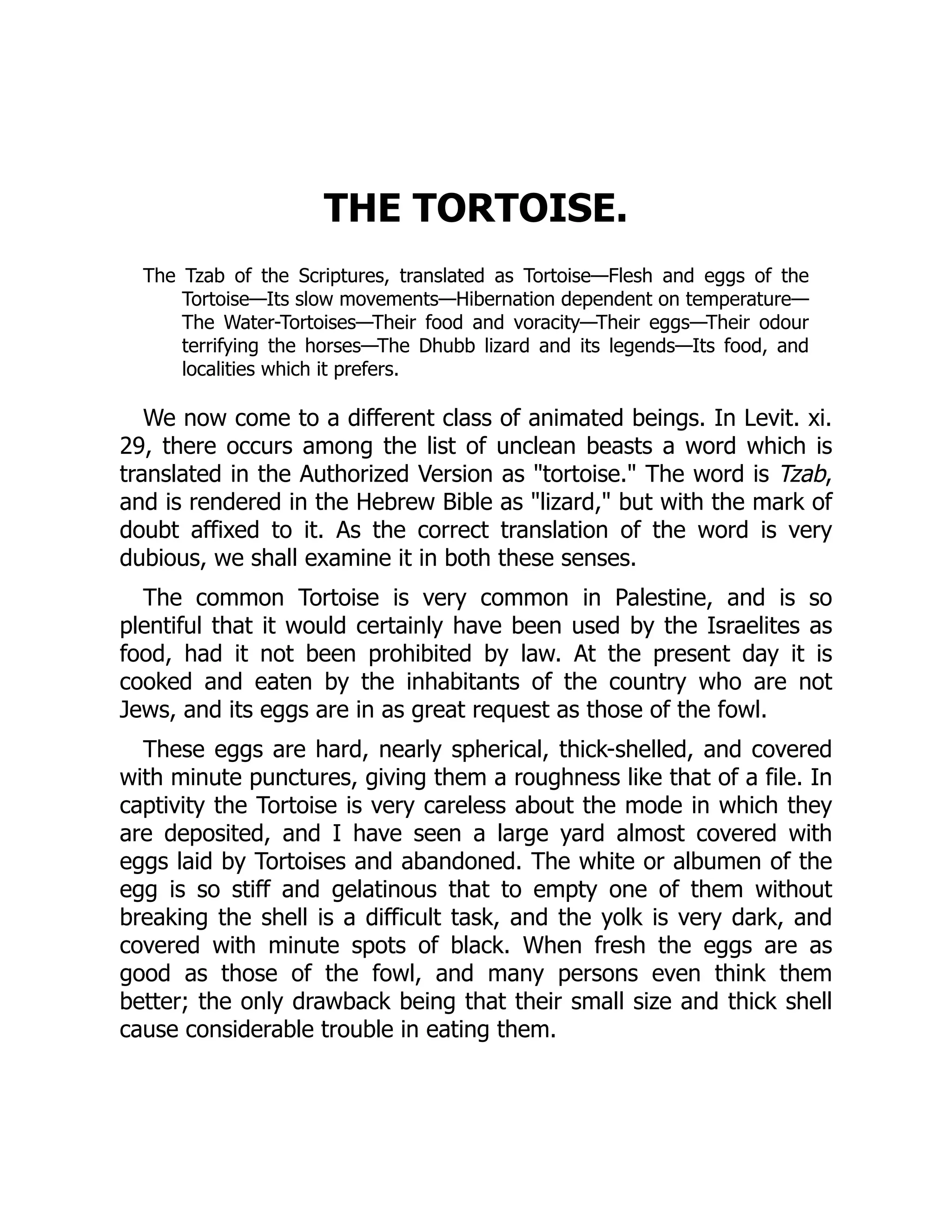 THE TORTOISE.
The Tzab of the Scriptures, translated as Tortoise—Flesh and eggs of the
Tortoise—Its slow movements—Hibernation dependent on temperature—
The Water-Tortoises—Their food and voracity—Their eggs—Their odour
terrifying the horses—The Dhubb lizard and its legends—Its food, and
localities which it prefers.
We now come to a different class of animated beings. In Levit. xi.
29, there occurs among the list of unclean beasts a word which is
translated in the Authorized Version as tortoise. The word is Tzab,
and is rendered in the Hebrew Bible as lizard, but with the mark of
doubt affixed to it. As the correct translation of the word is very
dubious, we shall examine it in both these senses.
The common Tortoise is very common in Palestine, and is so
plentiful that it would certainly have been used by the Israelites as
food, had it not been prohibited by law. At the present day it is
cooked and eaten by the inhabitants of the country who are not
Jews, and its eggs are in as great request as those of the fowl.
These eggs are hard, nearly spherical, thick-shelled, and covered
with minute punctures, giving them a roughness like that of a file. In
captivity the Tortoise is very careless about the mode in which they
are deposited, and I have seen a large yard almost covered with
eggs laid by Tortoises and abandoned. The white or albumen of the
egg is so stiff and gelatinous that to empty one of them without
breaking the shell is a difficult task, and the yolk is very dark, and
covered with minute spots of black. When fresh the eggs are as
good as those of the fowl, and many persons even think them
better; the only drawback being that their small size and thick shell
cause considerable trouble in eating them.
 