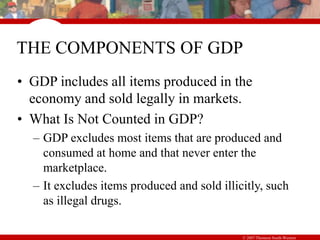 © 2007 Thomson South-Western
THE COMPONENTS OF GDP
• GDP includes all items produced in the
economy and sold legally in markets.
• What Is Not Counted in GDP?
– GDP excludes most items that are produced and
consumed at home and that never enter the
marketplace.
– It excludes items produced and sold illicitly, such
as illegal drugs.
 