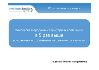 Об эффективности триггеров
Конверсия в продажи из триггерных сообщений
в 5 раз выше
по сравнению с обычными массовыми рассылками
По данным клиентов Intelligent Emails
 