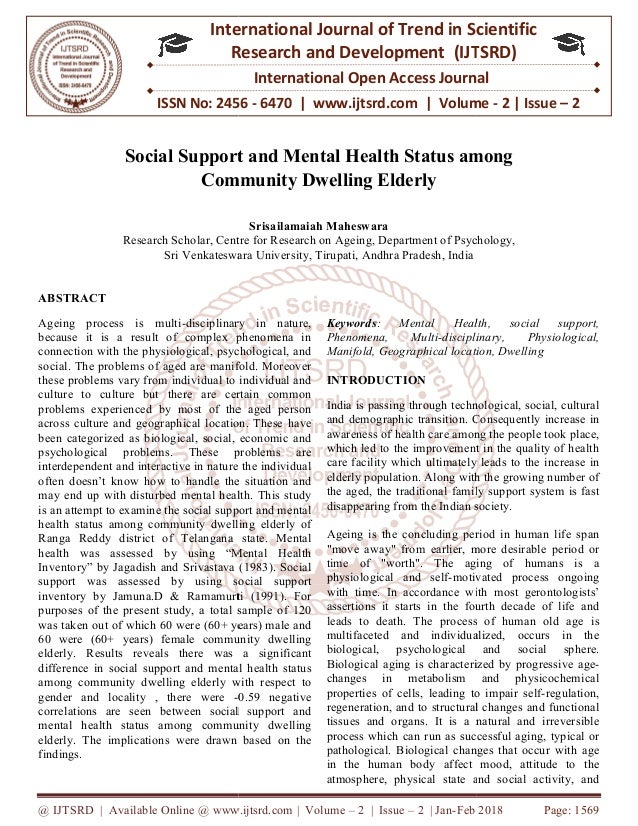 Social Support And Mental Health Status Among Community Dwelling Elde