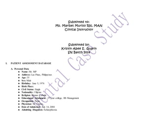 Submitted to:
Ms. Maribel Murillo RN, MAN
Clinical Instructor
Submitted by:
Kristin Abee E. Guarin
SN Batch 2014
I. PATIENT ASSESSMENT DATABASE
A. Personal Data
 Name: Mr. MP
 Address: Las Pinas, Philippines
 Age: 35
 Sex: Male
 Birthday: June 5, 1976
 Birth Place:
 Civil Status: Single
 Nationality: Filipino
 Religion: Roman Catholic
 Educational Attainment: 3rd year college, BS Management
 Occupation: None
 Physician: Dr. Cortez
 Date of Admission: July 14, 2004
 Admitting Diagnosis: Schizophrenia
 