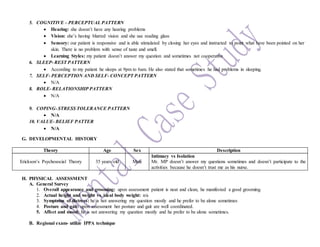 5. COGNITIVE – PERCEPTUAL PATTERN
 Hearing: she doesn’t have any hearing problems
 Vision: she’s having blurred vision and she use reading glass
 Sensory: our patient is responsive and is able stimulated by closing her eyes and instructed to point what have been pointed on her
skin. There is no problem with sense of taste and smell.
 Learning Styles: my patient doesn’t answer my question and sometimes not cooperative
6. SLEEP- REST PATTERN
 According to my patient he sleeps at 9pm to 6am. He also stated that sometimes he had problems in sleeping.
7. SELF- PERCEPTION AND SELF- CONCEPT PATTERN
 N/A
8. ROLE- RELATIONSHIP PATTERN
 N/A
9. COPING- STRESS TOLERANCE PATTERN
 N/A
10. VALUE- BELIEF PATTER
 N/A
G. DEVELOPMENTAL HISTORY
Theory Age Sex Description
Erickson’s Psychosocial Theory 35 years old Male
Intimacy vs Isolation
Mr. MP doesn’t answer my questions sometimes and doesn’t participate to the
activities because he doesn’t trust me as his nurse.
H. PHYSICAL ASSESSMENT
A. General Survey
1. Overall appearance and grooming: upon assessment patient is neat and clean, he manifested a good grooming.
2. Actual height and weight vs. ideal body weight: n/a
3. Symptoms of distress: he is not answering my question mostly and he prefer to be alone sometimes
4. Posture and gait: upon assessment her posture and gait are well coordinated.
5. Affect and mood: he is not answering my question mostly and he prefer to be alone sometimes.
B. Regional exam- utilize IPPA technique
 