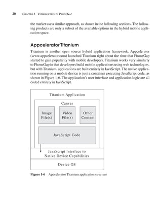 20 CHApter 1 introduCtion to pHonegAp
the market use a similar approach, as shown in the following sections. The follow-
ing products are only a subset of the available options in the hybrid mobile appli-
cation space.
Appcelerator Titanium
Titanium is another open source hybrid application framework. Appcelerator
(www.appcelerator.com) launched Titanium right about the time that PhoneGap
started to gain popularity with mobile developers. Titanium works very similarly
to PhoneGap in that developers build mobile applications using web technologies,
but with Titanium, applications are built entirely in JavaScript. The native applica-
tion running on a mobile device is just a container executing JavaScript code, as
shown in Figure 1-6. The application’s user interface and application logic are all
coded entirely in JavaScript.
Titanium Application
Canvas
JavaScript Code
JavaScript Interface to
Native Device Capabilities
Device OS
Other
Content
Video
File(s)
Image
File(s)
Figure 1-6 Appcelerator Titanium application structure
 