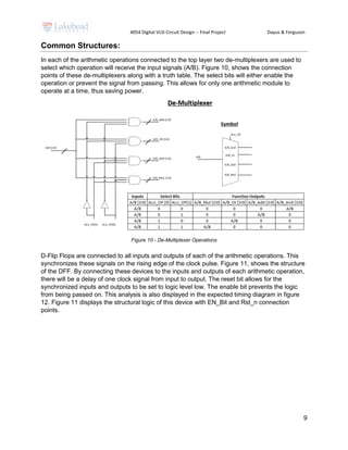 4054 Digital VLSI Circuit Design -- Final Project Dayus & Ferguson
9
Common Structures:
In each of the arithmetic operations connected to the top layer two de-multiplexers are used to
select which operation will receive the input signals (A/B). Figure 10, shows the connection
points of these de-multiplexers along with a truth table. The select bits will either enable the
operation or prevent the signal from passing. This allows for only one arithmetic module to
operate at a time, thus saving power.
Figure 10 - De-Multiplexer Operations
D-Flip Flops are connected to all inputs and outputs of each of the arithmetic operations. This
synchronizes these signals on the rising edge of the clock pulse. Figure 11, shows the structure
of the DFF. By connecting these devices to the inputs and outputs of each arithmetic operation,
there will be a delay of one clock signal from input to output. The reset bit allows for the
synchronized inputs and outputs to be set to logic level low. The enable bit prevents the logic
from being passed on. This analysis is also displayed in the expected timing diagram in figure
12. Figure 11 displays the structural logic of this device with EN_Bit and Rst_n connection
points.
 