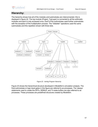 4054 Digital VLSI Circuit Design -- Final Project Dayus & Ferguson
17
Hierarchy:
The hierarchy shows how all of the modules and submodules are interconnected, this is
displayed in figure 22. The top module (Project_TopLayer) is connected to all the arithmetic
modules and each is only accessed once. Each of the submodules used further submodules
with the exception of the multiplication process. The “fulladder” operations used the same
submodules and this repetition shown with three dots.
Figure 22 - Verilog Program Hierarchy
Figure 23 shows the hierarchical structure developed in ModelSim’s simulation analysis. The
final submodules or logic level gates in this figure are referred to as processes. The ‘always’
statements used to create the DFFs, DEMUX, and Tri-state buffers are also referred to as
processes. These processes are predefined structures created by ModelSim.
 