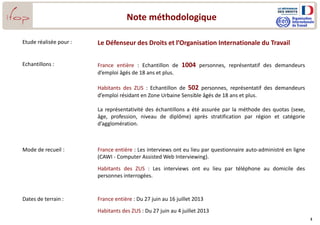 3
Note méthodologique
Etude réalisée pour : Le Défenseur des Droits et l’Organisation Internationale du Travail
Echantillons : France entière : Echantillon de 1004 personnes, représentatif des demandeurs
d’emploi âgés de 18 ans et plus.
Habitants des ZUS : Echantillon de 502 personnes, représentatif des demandeurs
d’emploi résidant en Zone Urbaine Sensible âgés de 18 ans et plus.
La représentativité des échantillons a été assurée par la méthode des quotas (sexe,
âge, profession, niveau de diplôme) après stratification par région et catégorie
d’agglomération.
Mode de recueil : France entière : Les interviews ont eu lieu par questionnaire auto-administré en ligne
(CAWI - Computer Assisted Web Interviewing).
Habitants des ZUS : Les interviews ont eu lieu par téléphone au domicile des
personnes interrogées.
Dates de terrain : France entière : Du 27 juin au 16 juillet 2013
Habitants des ZUS : Du 27 juin au 4 juillet 2013
 