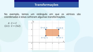 Transformações
No exemplo, temos um retângulo em que os vértices são
coordenadas e estas sofreram algumas transformações.
 
