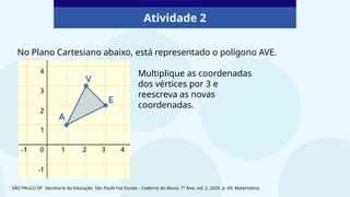 Atividade 2
SÃO PAULO-SP. Secretaria da Educação. São Paulo Faz Escola – Caderno do Aluno, 7º Ano, vol. 2, 2020. p. 69, Matemática.
No Plano Cartesiano abaixo, está representado o polígono AVE.
Multiplique as coordenadas
dos vértices por 3 e
reescreva as novas
coordenadas.
 