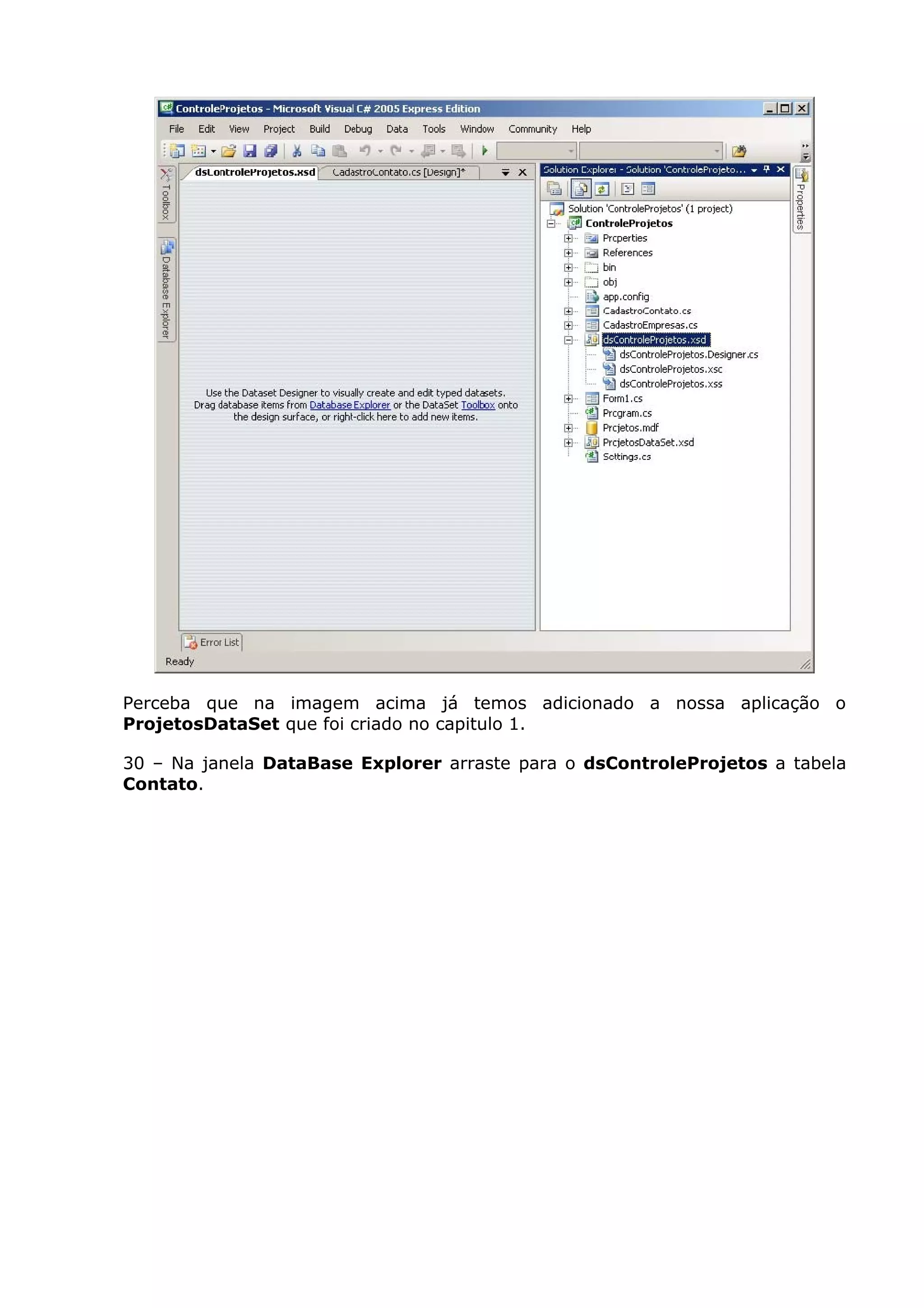 Perceba que na imagem acima já temos adicionado a nossa aplicação o
ProjetosDataSet que foi criado no capitulo 1.
30 – Na janela DataBase Explorer arraste para o dsControleProjetos a tabela
Contato.
 
