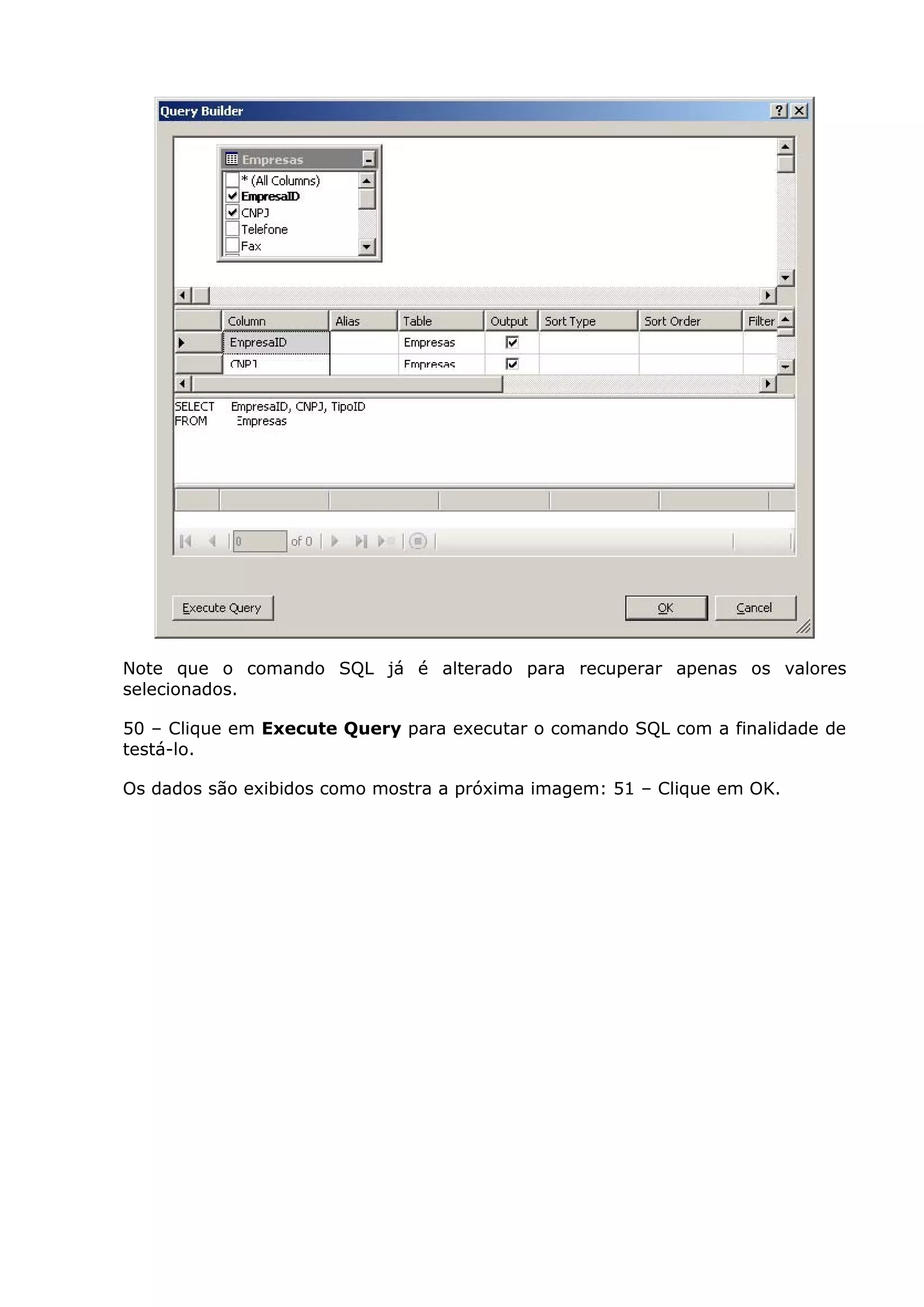 Note que o comando SQL já é alterado para recuperar apenas os valores
selecionados.
50 – Clique em Execute Query para executar o comando SQL com a finalidade de
testá-lo.
Os dados são exibidos como mostra a próxima imagem: 51 – Clique em OK.
 