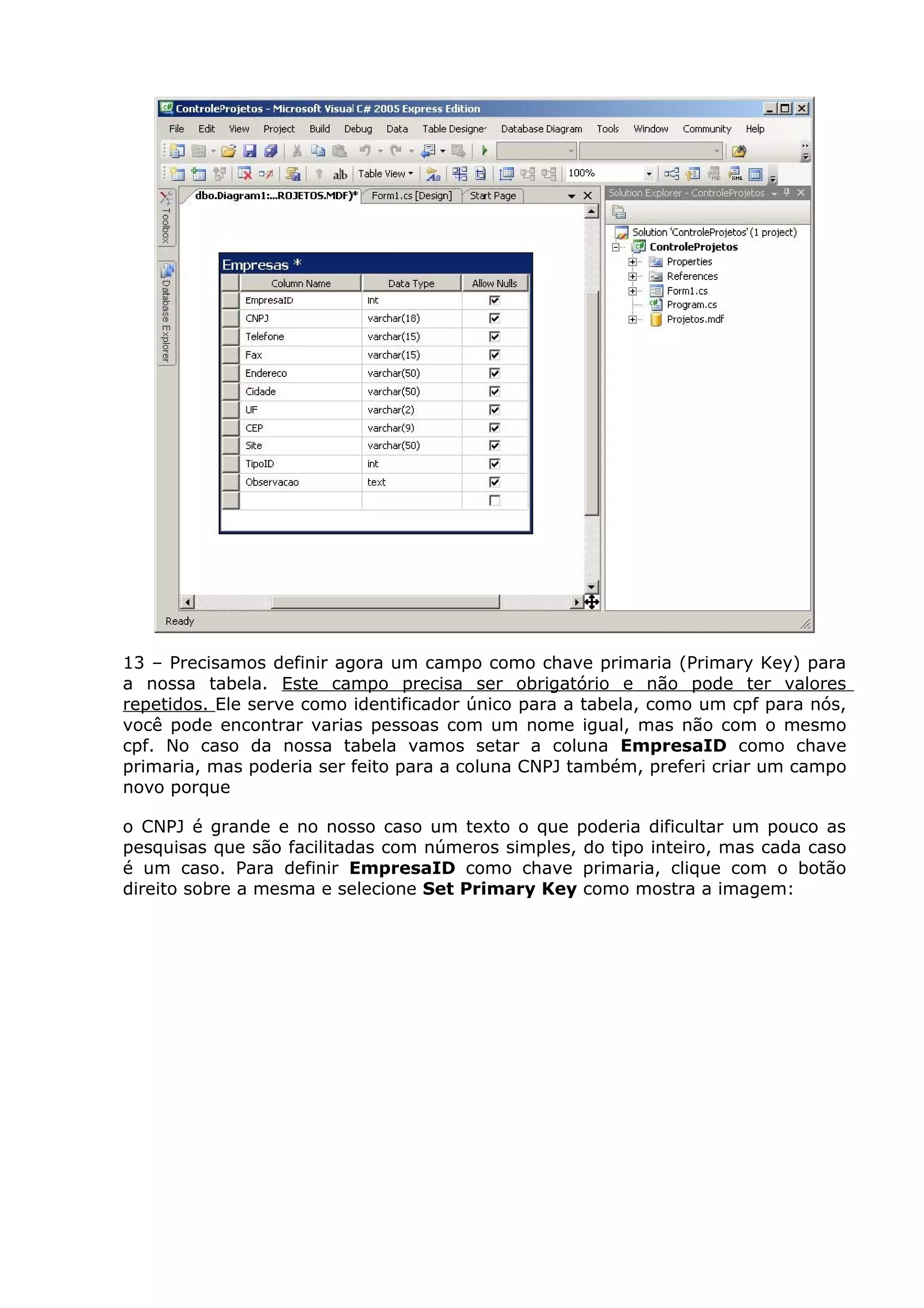 13 – Precisamos definir agora um campo como chave primaria (Primary Key) para
a nossa tabela. Este campo precisa ser obrigatório e não pode ter valores
repetidos. Ele serve como identificador único para a tabela, como um cpf para nós,
você pode encontrar varias pessoas com um nome igual, mas não com o mesmo
cpf. No caso da nossa tabela vamos setar a coluna EmpresaID como chave
primaria, mas poderia ser feito para a coluna CNPJ também, preferi criar um campo
novo porque
o CNPJ é grande e no nosso caso um texto o que poderia dificultar um pouco as
pesquisas que são facilitadas com números simples, do tipo inteiro, mas cada caso
é um caso. Para definir EmpresaID como chave primaria, clique com o botão
direito sobre a mesma e selecione Set Primary Key como mostra a imagem:
 