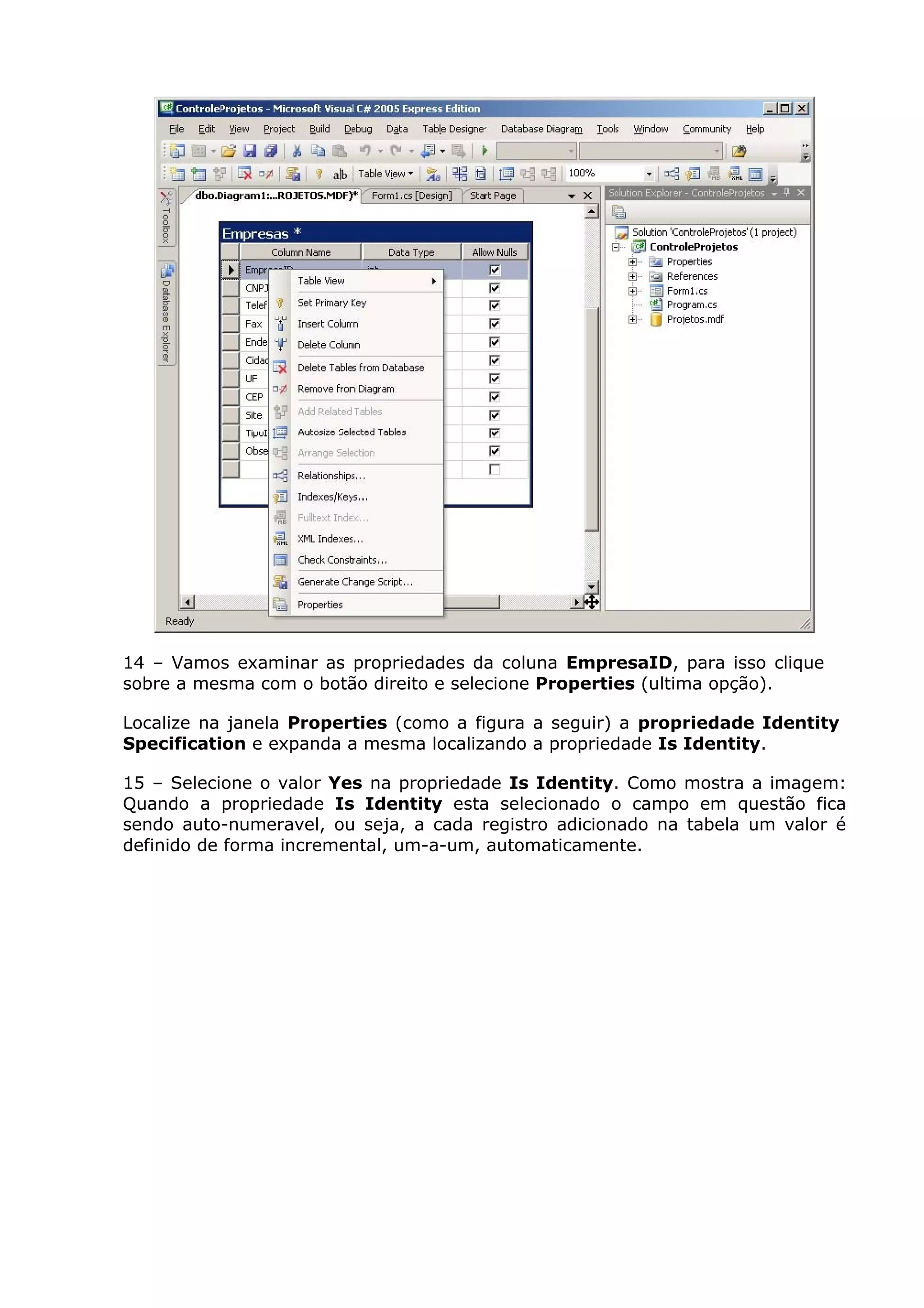 14 – Vamos examinar as propriedades da coluna EmpresaID, para isso clique
sobre a mesma com o botão direito e selecione Properties (ultima opção).
Localize na janela Properties (como a figura a seguir) a propriedade Identity
Specification e expanda a mesma localizando a propriedade Is Identity.
15 – Selecione o valor Yes na propriedade Is Identity. Como mostra a imagem:
Quando a propriedade Is Identity esta selecionado o campo em questão fica
sendo auto-numeravel, ou seja, a cada registro adicionado na tabela um valor é
definido de forma incremental, um-a-um, automaticamente.
 