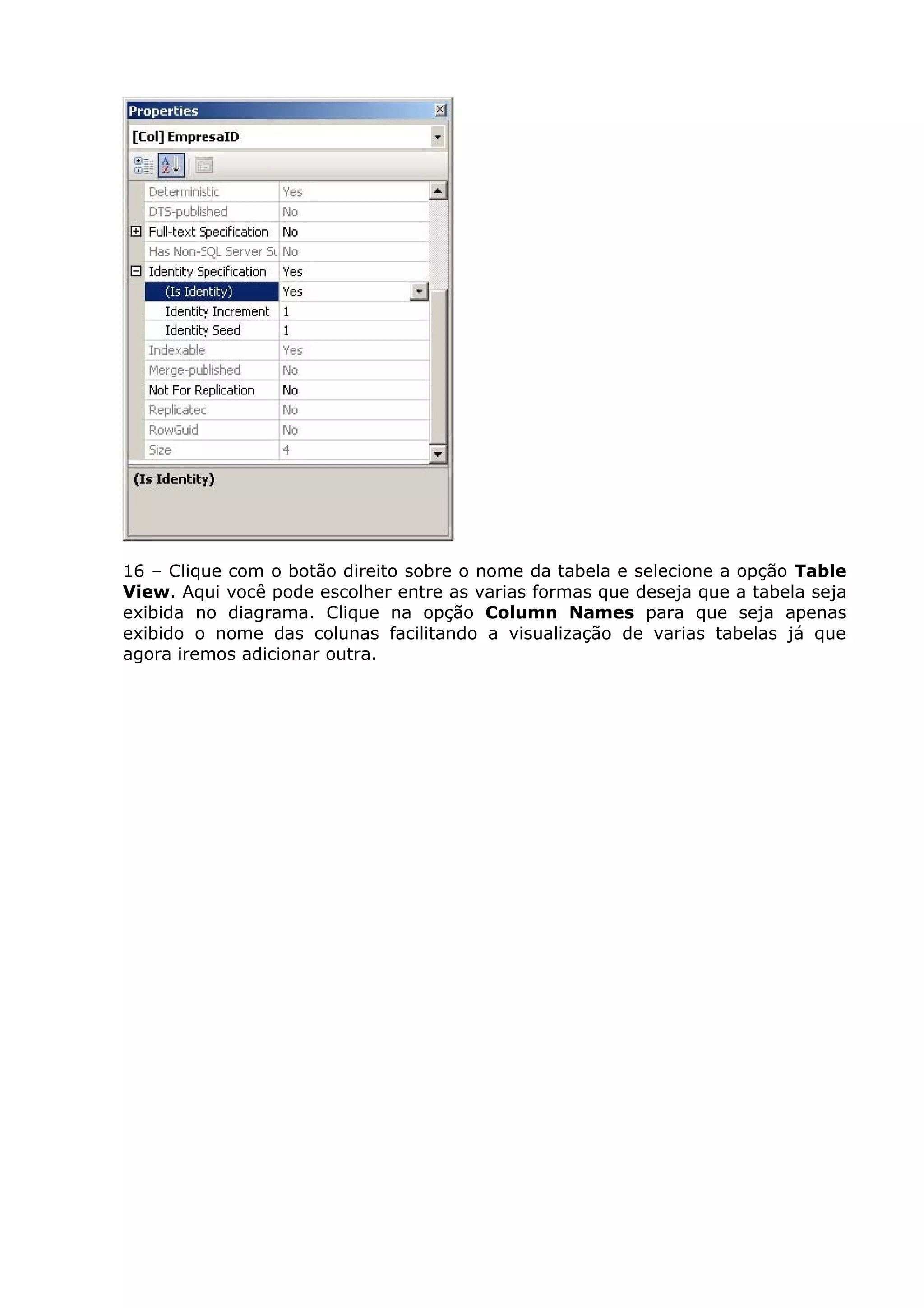 16 – Clique com o botão direito sobre o nome da tabela e selecione a opção Table
View. Aqui você pode escolher entre as varias formas que deseja que a tabela seja
exibida no diagrama. Clique na opção Column Names para que seja apenas
exibido o nome das colunas facilitando a visualização de varias tabelas já que
agora iremos adicionar outra.
 