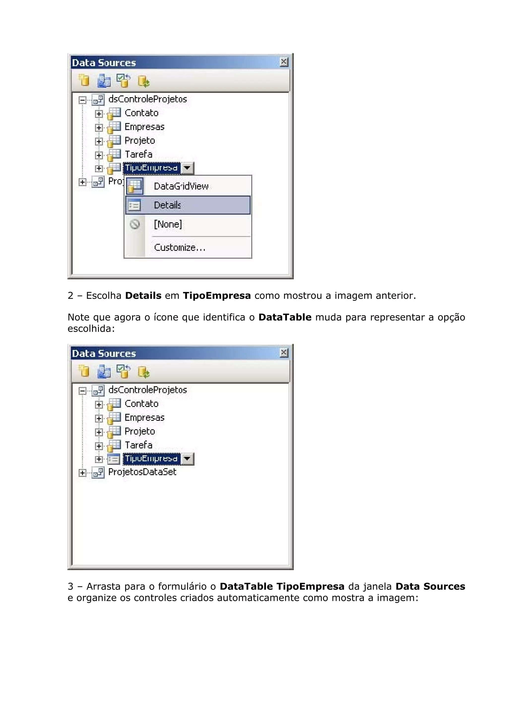 2 – Escolha Details em TipoEmpresa como mostrou a imagem anterior.
Note que agora o ícone que identifica o DataTable muda para representar a opção
escolhida:
3 – Arrasta para o formulário o DataTable TipoEmpresa da janela Data Sources
e organize os controles criados automaticamente como mostra a imagem:
 