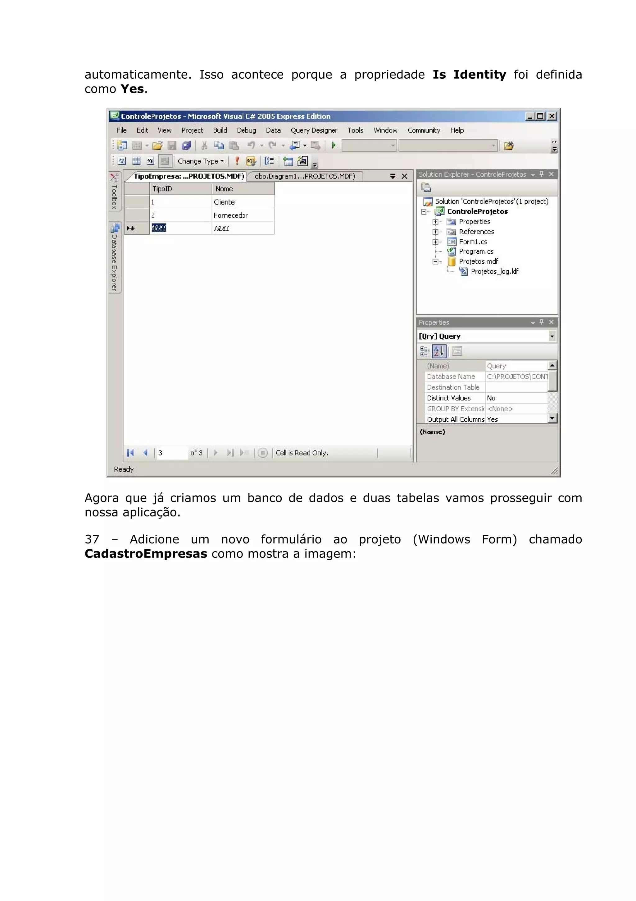 automaticamente. Isso acontece porque a propriedade Is Identity foi definida
como Yes.
Agora que já criamos um banco de dados e duas tabelas vamos prosseguir com
nossa aplicação.
37 – Adicione um novo formulário ao projeto (Windows Form) chamado
CadastroEmpresas como mostra a imagem:
 
