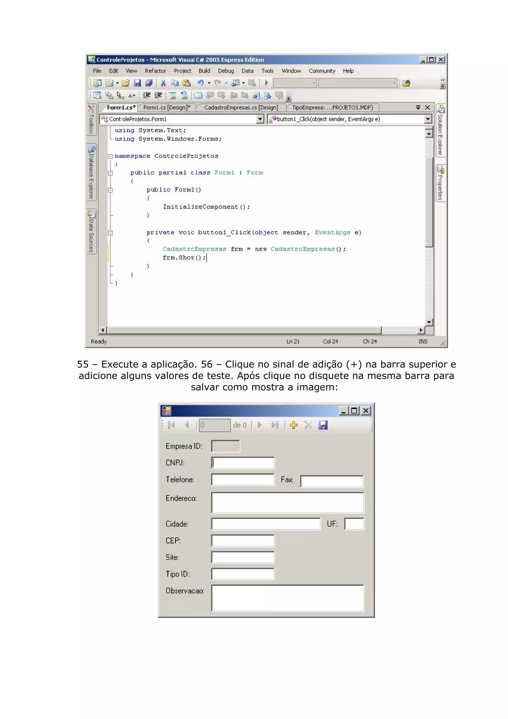 55 – Execute a aplicação. 56 – Clique no sinal de adição (+) na barra superior e
adicione alguns valores de teste. Após clique no disquete na mesma barra para
salvar como mostra a imagem:
 