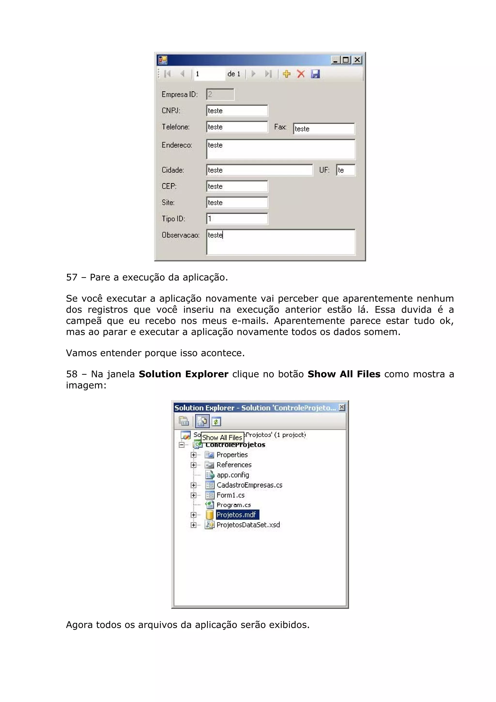 57 – Pare a execução da aplicação.
Se você executar a aplicação novamente vai perceber que aparentemente nenhum
dos registros que você inseriu na execução anterior estão lá. Essa duvida é a
campeã que eu recebo nos meus e-mails. Aparentemente parece estar tudo ok,
mas ao parar e executar a aplicação novamente todos os dados somem.
Vamos entender porque isso acontece.
58 – Na janela Solution Explorer clique no botão Show All Files como mostra a
imagem:
Agora todos os arquivos da aplicação serão exibidos.
 