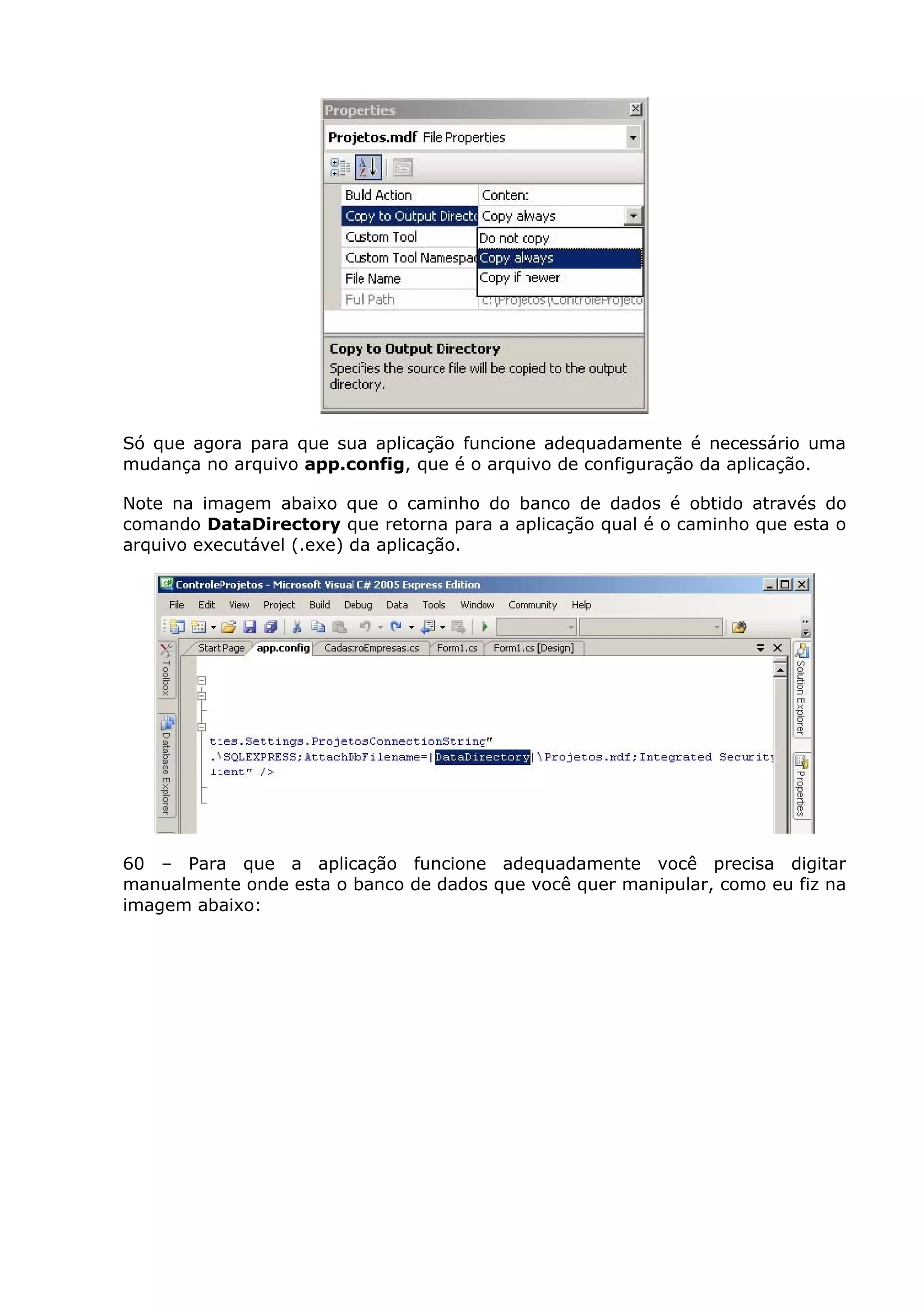 Só que agora para que sua aplicação funcione adequadamente é necessário uma
mudança no arquivo app.config, que é o arquivo de configuração da aplicação.
Note na imagem abaixo que o caminho do banco de dados é obtido através do
comando DataDirectory que retorna para a aplicação qual é o caminho que esta o
arquivo executável (.exe) da aplicação.
60 – Para que a aplicação funcione adequadamente você precisa digitar
manualmente onde esta o banco de dados que você quer manipular, como eu fiz na
imagem abaixo:
 