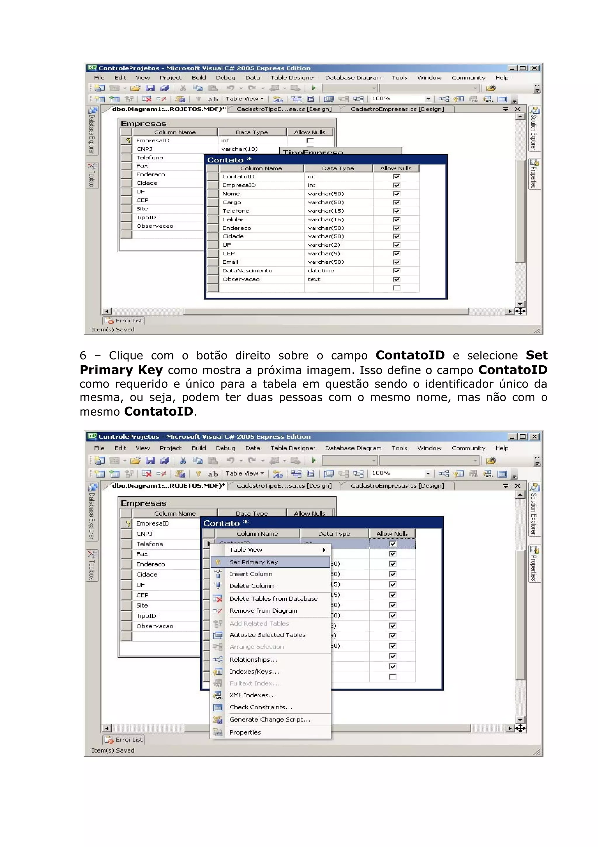 6 – Clique com o botão direito sobre o campo ContatoID e selecione Set
Primary Key como mostra a próxima imagem. Isso define o campo ContatoID
como requerido e único para a tabela em questão sendo o identificador único da
mesma, ou seja, podem ter duas pessoas com o mesmo nome, mas não com o
mesmo ContatoID.
 