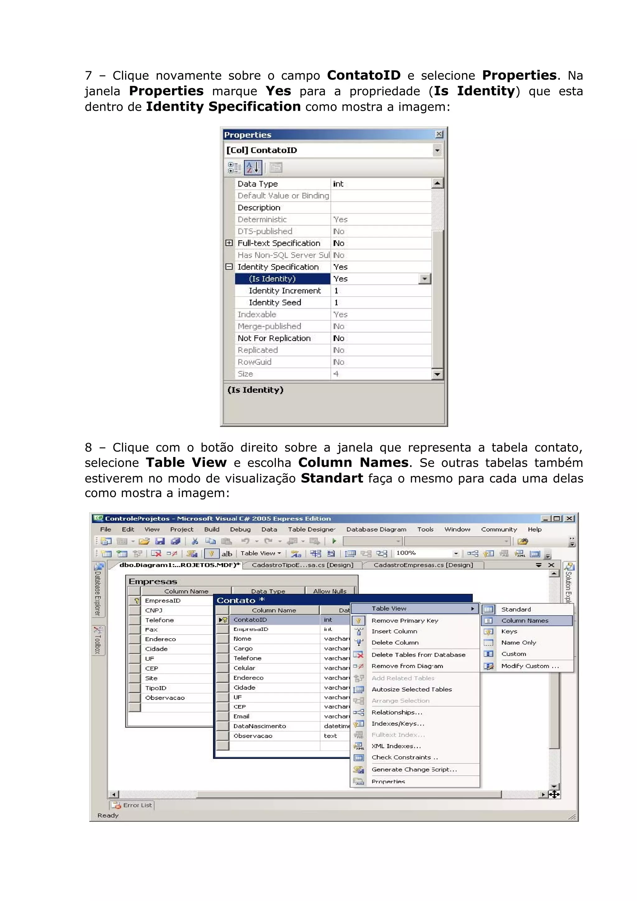 7 – Clique novamente sobre o campo ContatoID e selecione Properties. Na
janela Properties marque Yes para a propriedade (Is Identity) que esta
dentro de Identity Specification como mostra a imagem:
8 – Clique com o botão direito sobre a janela que representa a tabela contato,
selecione Table View e escolha Column Names. Se outras tabelas também
estiverem no modo de visualização Standart faça o mesmo para cada uma delas
como mostra a imagem:
 