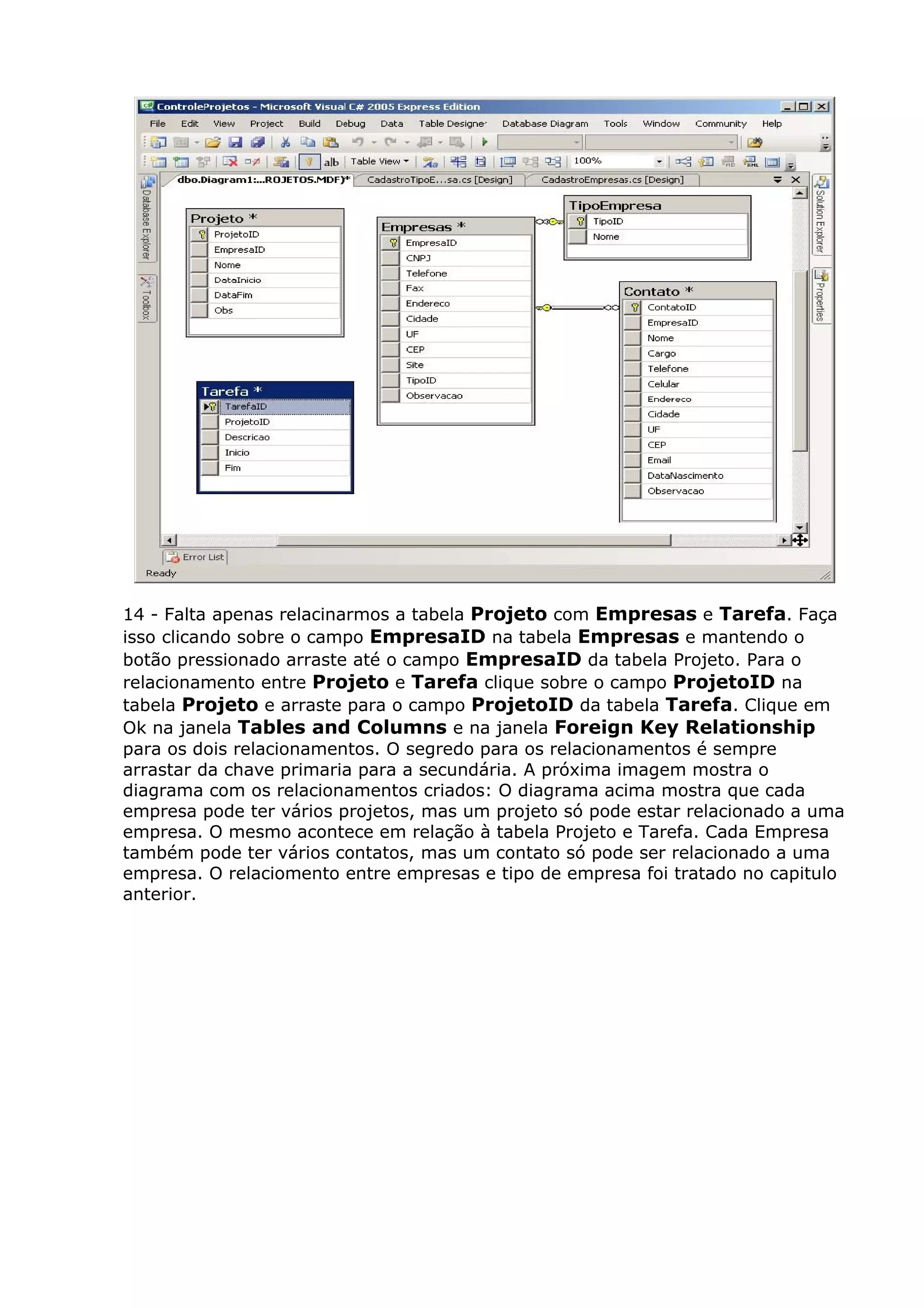 14 - Falta apenas relacinarmos a tabela Projeto com Empresas e Tarefa. Faça
isso clicando sobre o campo EmpresaID na tabela Empresas e mantendo o
botão pressionado arraste até o campo EmpresaID da tabela Projeto. Para o
relacionamento entre Projeto e Tarefa clique sobre o campo ProjetoID na
tabela Projeto e arraste para o campo ProjetoID da tabela Tarefa. Clique em
Ok na janela Tables and Columns e na janela Foreign Key Relationship
para os dois relacionamentos. O segredo para os relacionamentos é sempre
arrastar da chave primaria para a secundária. A próxima imagem mostra o
diagrama com os relacionamentos criados: O diagrama acima mostra que cada
empresa pode ter vários projetos, mas um projeto só pode estar relacionado a uma
empresa. O mesmo acontece em relação à tabela Projeto e Tarefa. Cada Empresa
também pode ter vários contatos, mas um contato só pode ser relacionado a uma
empresa. O relaciomento entre empresas e tipo de empresa foi tratado no capitulo
anterior.
 