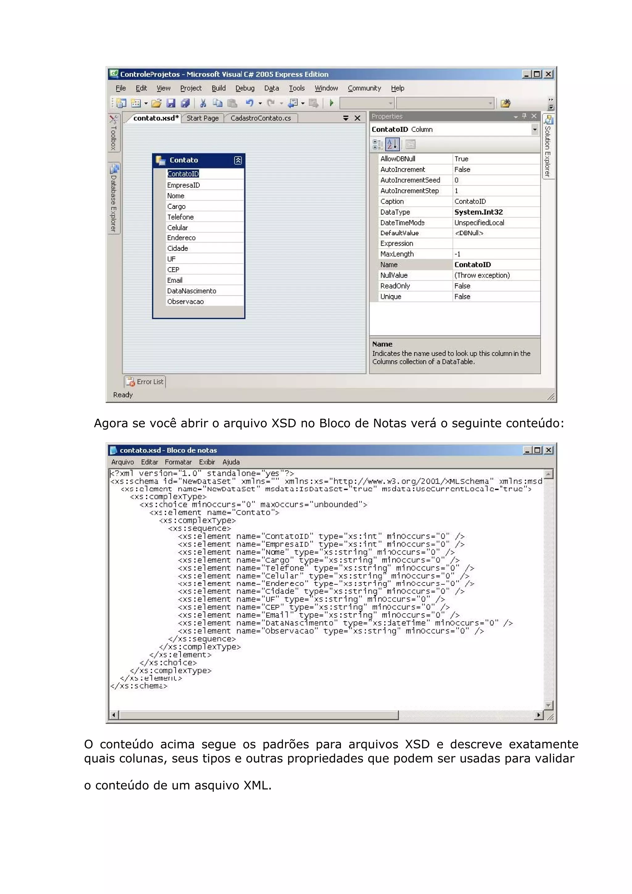 Agora se você abrir o arquivo XSD no Bloco de Notas verá o seguinte conteúdo:
O conteúdo acima segue os padrões para arquivos XSD e descreve exatamente
quais colunas, seus tipos e outras propriedades que podem ser usadas para validar
o conteúdo de um asquivo XML.
 