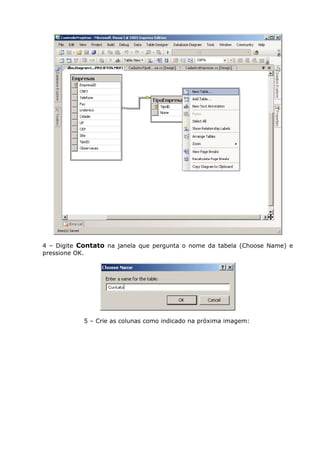 4 – Digite Contato na janela que pergunta o nome da tabela (Choose Name) e
pressione OK.
5 – Crie as colunas como indicado na próxima imagem:
 