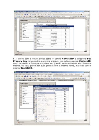 6 – Clique com o botão direito sobre o campo ContatoID e selecione Set
Primary Key como mostra a próxima imagem. Isso define o campo ContatoID
como requerido e único para a tabela em questão sendo o identificador único da
mesma, ou seja, podem ter duas pessoas com o mesmo nome, mas não com o
mesmo ContatoID.
 