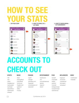 13 Confidential July 2014 
HOW TO SEE 
YOUR STATS 1. TAP YOUR STORY 2. # NEXT TO PURPLE EYE = 
# OF VIEWS 
3. # NEXT TO GREEN ARROW = 
# OF SCREENSHOTS 
SPORTS MUSIC FASHION ENTERTAINMENT FOOD INFLUENCERS NEWS 
‘mlb’ 
‘nba’ 
‘saints’ 
‘thedallasmavs’ 
‘washcapitals’ 
‘sportingkc’ 
‘aspworldtour’ 
‘washwizards’ 
‘whitesox’ 
‘vspink’ 
‘nastygal’ 
‘karmaloop.com’ 
‘freepeople’ 
‘whowhatwear.com’ 
‘alexandani’ 
‘nbcthevoice’ 
‘mtv’ 
‘summerbreaksnap’ 
‘girlshbo’ 
‘easports’ 
‘directv’ 
‘tacobell’ 
‘mcdonalds’ 
‘redbull’ 
‘grubhub’ 
‘cocacola’ 
‘stridegumsnaps’ 
‘sourpatchsnaps’ 
‘dunkindonuts’ 
‘loganpaul’ 
‘shonduras’ 
‘ryanseacrest’ 
‘jeromejarre’ 
‘sampepper’ 
‘tiesto’ 
‘beckygofficial’ 
‘rixtonofficial’ 
‘clmdmusic’ 
‘theglitchmob’ 
‘goldroom’ 
‘dj3lau’ 
‘hoovaq’ 
‘nowthisnews’ 
‘mashable’ 
ACCOUNTS TO 
CHECK OUT 
