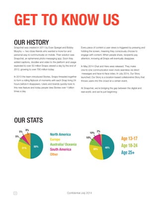 1 Confidential July 2014 
GET TO KNOW US 
OUR STATS 
OUR HISTORY 
Snapchat was created in 2011 by Evan Spiegel and Bobby 
...