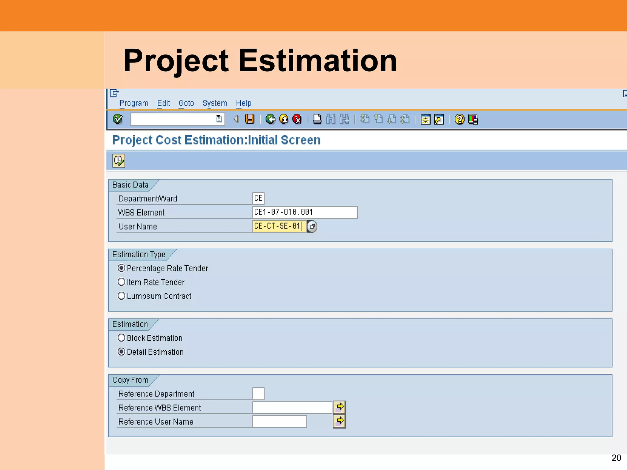 Project System
 Module (PS)     Project Estimation




                                      20
 