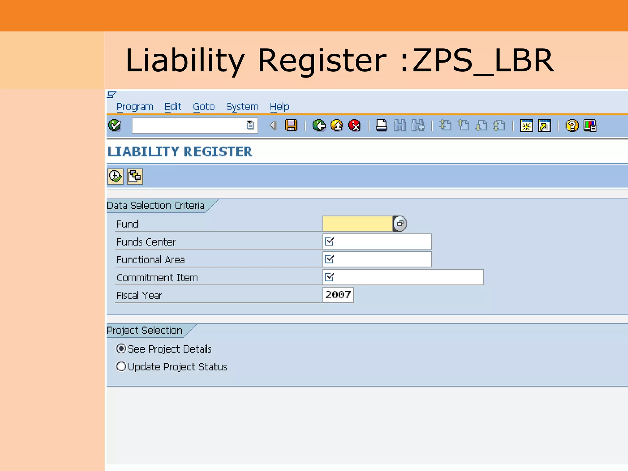 Project System
 Module (PS)     Liability Register :ZPS_LBR




                                               42
 