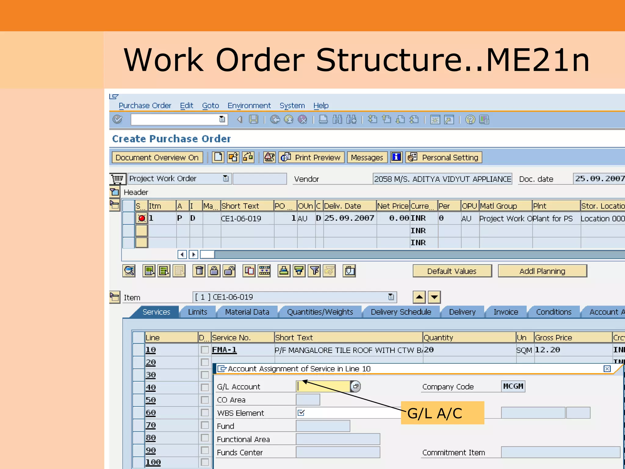 Project System
 Module (PS)     Work Order Structure..ME21n




                                 G/L A/C

                                               46
 