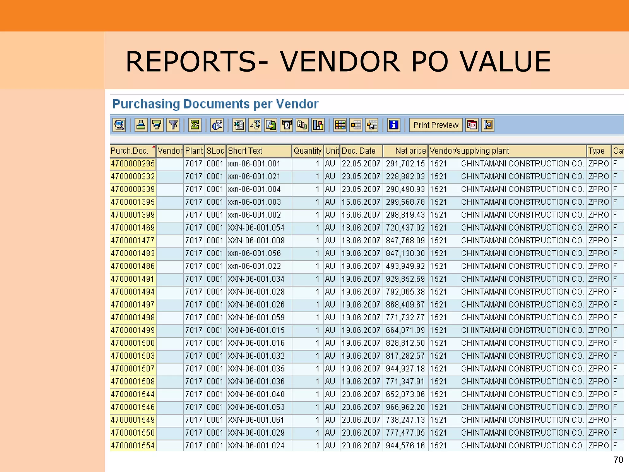 Project System
 Module (PS)     REPORTS- VENDOR PO VALUE




                                            70
 