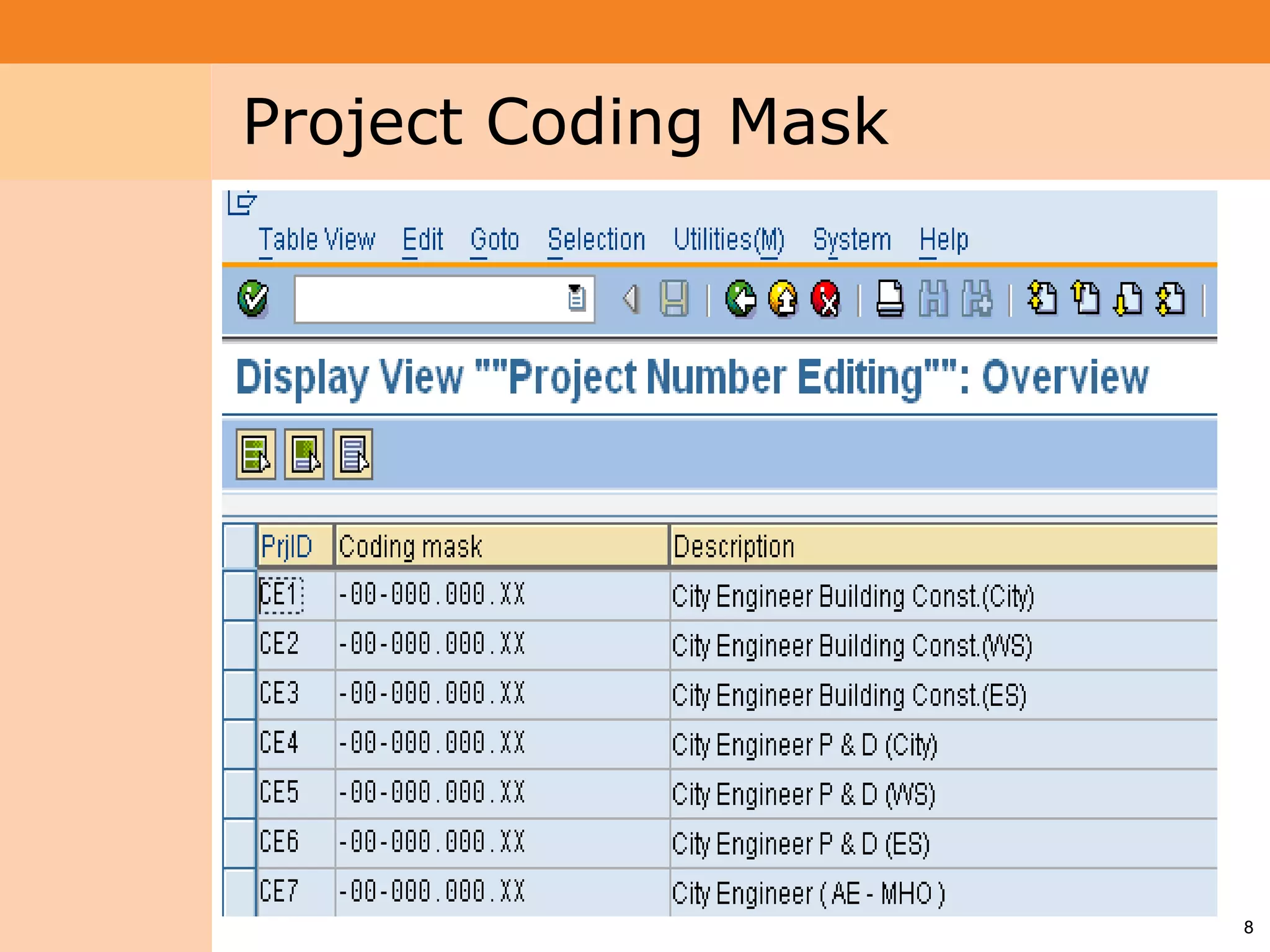 Project System
 Module (PS)     Project Coding Mask




                                       8
 