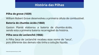 Pilha de grove (1839)
William Robert Grove desenvolveu a primeira célula de combustível.
Bateria de chumbo ácido (1860)
Elaborado especialmente para o CMSP.
Gaston Planté elaborou a bateria de chumbo-ácido,
sendo esta a primeira bateria recarregável da história.
Pilha seca de Leclanché (1866)
A Pilha Seca de Leclanché recebeu esse nome de “seca”,
pois diferente das demais não tinha a solução líquida.
História das Pilhas
 