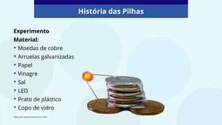 Experimento
Material:
• Moedas de cobre
• Arruelas galvanizadas
• Papel
• Vinagre
• Sal
• LED
• Prato de plástico
• Copo de vidro
História das Pilhas
Elaborado especialmente para o CMSP.
 