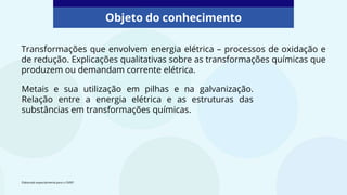 Objeto do conhecimento
Transformações que envolvem energia elétrica – processos de oxidação e
de redução. Explicações qualitativas sobre as transformações químicas que
produzem ou demandam corrente elétrica.
Elaborado especialmente para o CMSP.
Metais e sua utilização em pilhas e na galvanização.
Relação entre a energia elétrica e as estruturas das
substâncias em transformações químicas.
 