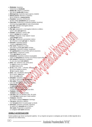 __________________________________21
 Mediodía. Sustantivo.
Volveremos al mediodía.
 Medio día. Adjetivo y sustantivo.
Nos dieron medio día de plazo.
 Menosprecio. Sustantivo (poco aprecio, desdén)
 Menos precio. Adverbio y sustantivo.
Me lo vendieron a menos precio.
 Parabién. Sustantivo (felicitación)
Recibió cálidos parabienes por su ascenso.
 Para bien. Preposición y sustantivo (utilidad, beneficio)
Fleming trabajó para bien de toda la humanidad.
 Por qué. adverbio interrogativo directo
 ¿Por qué lloras?
 Por qué. preposición e interrogativo indirecto o enfático.
Quiero saber por qué lloras.
 Porqué. Sustantivo, conocer algo.
Dime el porqué de tu negativa.
 Porque. Respuesta. Conj. Subord. Causal.
Salgo porque quiero.
 Por que. Proposición y pronombre relativo.
No entiendo la razón por que te disgustas.
 Porvenir. Sustantivo (futuro)
Tendrá un porvenir brillante.
 Por venir. Preposición y verbo.
Hice todo lo posible por venir a tiempo.
 Quehacer. Sustantivo (trabajo, ocupación)
Mis quehaceres no me permiten salir de vacaciones.
 Que hacer. Conjunción y verbo.
Tiene que hacer sus tareas.
 Sinnúmero. Sustantivo (número incalculable)
Hubo un sinnúmero de muertos en la Primera Guerra Mundial.
 Sin número. Preposición y sustantivo.
Es una casa nueva sin número.
 Sino. Sust. (destino) Conj. (antes bien)
Su sino fue morir en la batalla.
Su sino estaba escrito.
 Si no. Conj. Cond. + adverbio de negación
No te llevo si no eres bueno.
Si no te agrada, déjalo.
 Sino. conj. coordinante adversativa
No es bueno, sino tonto.
No es rojo sino verde.
 Sinsabor. Sustantivo (pesar)
Ese hijo le causó muchos sinsabores.
 Sin sabor. Preposición y sustantivo.
Las cosas sin sabor se denominan insípidas.
 Sobretodo. Sustantivo.
El sobretodo que compró es de lana.
 Sobre todo. Modo adverbial.
La película gustó sobre todo a los niños.
 También. Adverbio.
También estuvo ella en la fiesta.
 Tan bien. Adv. de cantidad y Adv. de modo.
Tocó tan bien el piano que a todos satisfizo.
 Tampoco. Adverbio.
No vendrá el sábado tampoco el domingo.
 Tan poco. Adverbio y adjetivo.
Con tan poco dinero no pudo pagar su deuda.
 Sinrazón. Sustantivo (atropello, injusticia)
Se quejó de la sinrazón que le hicieron.
Sin razón. Preposición y sustantivo.
Le castigaron sin razón suficiente
DOBLE ACENTUACIÓN
Existen palabras que tienen acentuación optativa. En su mayoría son graves o esdrújulas; por lo tanto, la tilde depende de la
ubicación de la sílaba tónica:
 