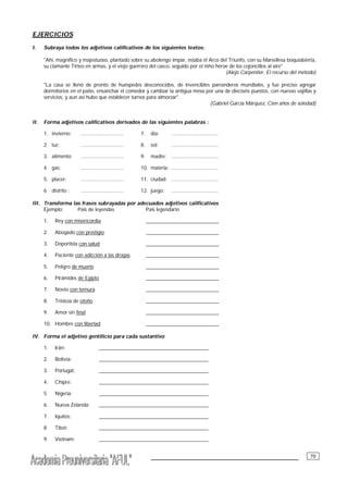 ___________________________________________ 70
EJERCICIOS
I. Subraya todos los adjetivos calificativos de los siguientes textos:
"Ahí, magnífico y majestuoso, plantado sobre su abolengo impar, estaba el Arco del Triunfo, con su Marsellesa boquiabierta,
su clamante Tirteo en armas, y el viejo guerrero del casco, seguido por el niño héroe de los cojoncillos al aire"
(Alejo Carpentier, El recurso del método)
"La casa se llenó de pronto de huéspedes desconocidos, de invencibles parranderos mundiales, y fue preciso agregar
dormitorios en el patio, ensanchar el comedor y cambiar la antigua mesa por una de dieciséis puestos, con nuevas vajillas y
servicios, y aun así hubo que establecer turnos para almorzar".
(Gabriel García Márquez, Cien años de soledad)
II. Forma adjetivos calificativos derivados de las siguientes palabras :
1. invierno: ............................... 7. día: ..................................
2. luz: ............................... 8. sol: ..................................
3. alimento: ............................... 9. madre: ..................................
4. gas: ............................... 10. materia: ..................................
5. placer: ............................... 11. ciudad: ..................................
6 distrito : ............................... 12. juego: ..................................
III. Transforma las frases subrayadas por adecuados adjetivos calificativos
Ejemplo: País de leyendas País legendario
1. Rey con misericordia ____________________________
2. Abogado con prestigio ____________________________
3. Deportista con salud ____________________________
4. Paciente con adicción a las drogas ____________________________
5. Peligro de muerte ____________________________
6. Pirámides de Egipto ____________________________
7. Novio con ternura ____________________________
8. Tristeza de otoño ____________________________
9. Amor sin final ____________________________
10. Hombre con libertad ____________________________
IV. Forma el adjetivo gentilicio para cada sustantivo
1. Irán: __________________________________________
2. Bolivia: __________________________________________
3. Portugal: __________________________________________
4. Chipre: __________________________________________
5 Nigeria: __________________________________________
6. Nueva Zelanda: __________________________________________
7. Iquitos: __________________________________________
8 Tíbet: __________________________________________
9. Vietnam: __________________________________________
 