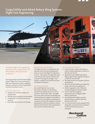 Complete flight test engineering
services for the Cargo/Utility and
Attack Rotary Wing Solutions
customers.
The Cargo/Utility and Attack Rotary Wing
Systems Flight Test Team provides com-
plete and independent system validation
testing as outlined in the Rockwell Collins
Technical Consistent Process.
FLIGHT TEST OBJECTIVES
Validate the customer’s needs and>
requirements
Identify system problems and anomalies>
Troubleshoot issues and recommend>
solutions
Accurately report results and findings>
INDEPENDENT ORGANIZATION
The Flight Test Team is independent and
separate from the system development
teams to ensure the flight test objectives
are met. Test projects are organized under
a test director who reports directly to the
customer and program manager. Each
project is assigned a test lead and at least
one flight test engineer.
EXTENSIVE EXPERIENCE
Over 1,800 flight test hours have
been flown, leading to 17 production
airworthiness releases for six U.S. Army
aircraft as of December 2009. The Flight
Test Team offers extensive knowledge and
understanding of multiple aircraft systems,
architectures, and platforms, providing our
customers with aircraft integration and test
specialization while also acting as a liaison
between the Rockwell Collins development
team and the customer/end user.
PAST AND PRESENT PROJECTS
Initial Common Avionics Architecture>
System (CAAS) qualification on MH-47G,
MH-60L and CH-47F
Multimode radar (MMR) operational>
flight program (OFP) upgrade evaluation
on MH-47E and MH-60K
MH-60M avionics and weapons systems>
qualifications
MH-47G and MH-60M terrain following>
system performance qualification
A/MH-6 upgrade to CDU-7000 with>
Cockpit Management System (CMS)
CH-47F required navigation>
performance area navigation (RNP
RNAV) qualification
Post-deployment software support>
(PDSS) testing on A/MH-6, MH-47G,
MH-60L and CH-47F
U.S. Army common sensor payload (CSP)>
integration and performance evaluation
for the Armed Reconnaissance
Helicopter
Cargo/Utility and Attack Rotary Wing Systems
Flight Test Engineering
 