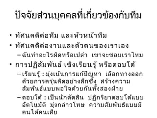 ปัจจัยส่วนบุคคลที่เกียวข้องกับทีม
่
• ทัศ นคติต อ ทีม และหัว หน้า ทีม
่
• ทัศ นคติต อ งานและตัว ตนของเราเอง
่
– ฉัน ทำา อะไรผิด หรือ เปล่า เขาจะชอบเราไหม

• การปฏิส ม พัน ธ์ เชิง เรีย นรู้ หรือ ตอบโต้
ั
– เรีย นรู้ : มุง เน้น การแก้ป ัญ หา เลือ กทางออก
่
ด้ว ยการครุ่น คิด อย่า งลึก ซึ้ง สร้า งความ
สัม พัน ธ์แ บบพอใจด้ว ยกัน ทัง สองฝ่า ย
้
– ตอบโต้ : เป็น นัก ตัด สิน ปฏิก ริย าตอบโต้แ บบ
อัต โนมัต ิ มุง กล่า วโทษ ความสัม พัน ธ์แ บบมี
่
คนได้ค นเสีย

 