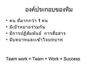 องค์ประกอบของทีม
•
•
•
•

คน ที่ม ากกว่า 1 คน
มีเ ป้า หมายร่ว มกัน
มีก ารปฏิส ม พัน ธ์ การสือ สาร
ั
่
มีบ ทบาทและเข้า ใจบทบาท

Team work = Team + Work + Success

 