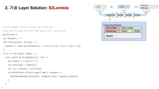 2. 가공 Layer Solution: S2Lambda 수집 가공
저장 및
API제공
Computing Engine
Spark
Streaming MLlib
S2Lambda Bulk Loader
Batch
//Flow example. parse external api route and
//Get data through HTTP Get then merge with input event.
new EtlFlow {
var baseUrl = ""
def init(options: String) = {
baseUrl = (Json.parse(options)  "external.api.route").as[String]
}
override def apply: Apply = {
case (event @ StringInput(s), ctx) =>
val tokens = s.split("t")
val articleId = tokens(3)
val uri = baseUrl + articleId
ctx.httpClient.url(uri).get().map { response =>
Seq(InputWithResult(event, response.json, response.status))
}
}
}
 