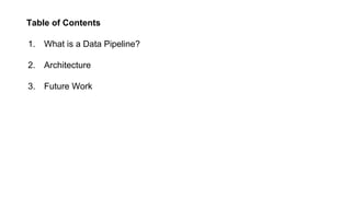Table of Contents
1. What is a Data Pipeline?
2. Architecture
3. Future Work
 