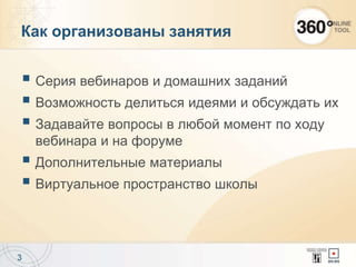 Как организованы занятия
 Серия вебинаров и домашних заданий
 Возможность делиться идеями и обсуждать их
 Задавайте вопросы в любой момент по ходу
вебинара и на форуме
 Дополнительные материалы
 Виртуальное пространство школы
3
 