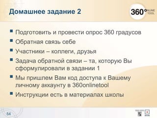  Подготовить и провести опрос 360 градусов
 Обратная связь себе
 Участники – коллеги, друзья
 Задача обратной связи – та, которую Вы
сформулировали в задании 1
 Мы пришлем Вам код доступа к Вашему
личному аккаунту в 360onlinetool
 Инструкции есть в материалах школы
54
Домашнее задание 2
 