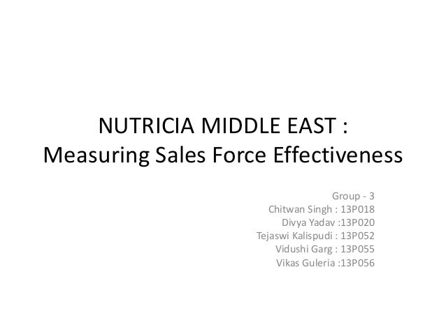 NUTRICIA MIDDLE EAST :
Measuring Sales Force Effectiveness
Group - 3
Chitwan Singh : 13P018
Divya Yadav :13P020
Tejaswi Kalispudi : 13P052
Vidushi Garg : 13P055
Vikas Guleria :13P056
 
